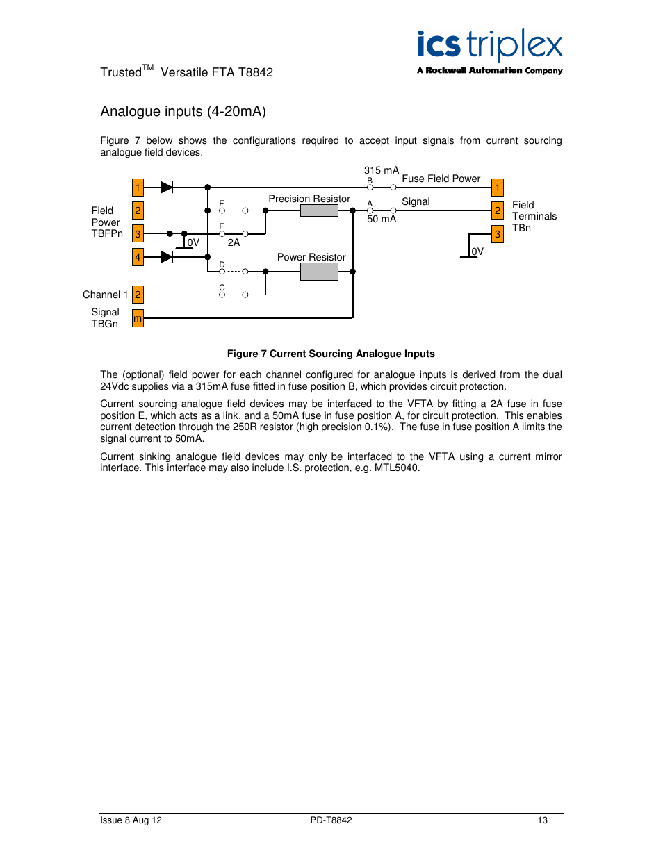 Analogue inputs (4-20ma) | Rockwell Automation T8842 Trusted Versatile FTA User Manual | Page 13 / 24