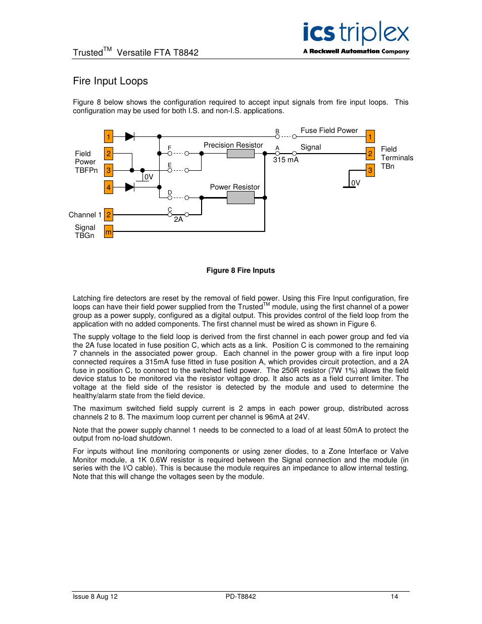 Fire input loops | Rockwell Automation T8842 Trusted Versatile FTA User Manual | Page 14 / 24