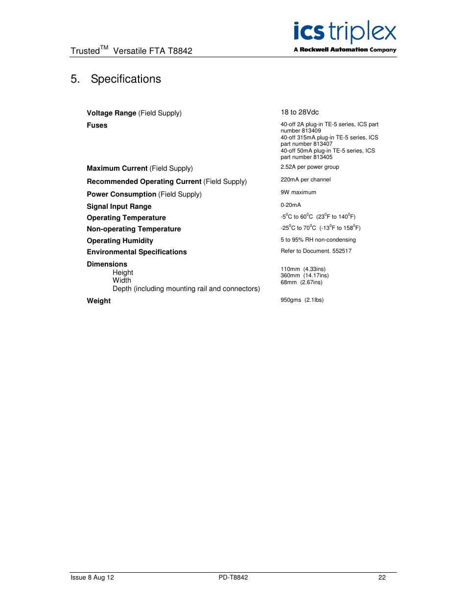 Specifications, Trusted, Versatile fta t8842 | Rockwell Automation T8842 Trusted Versatile FTA User Manual | Page 22 / 24