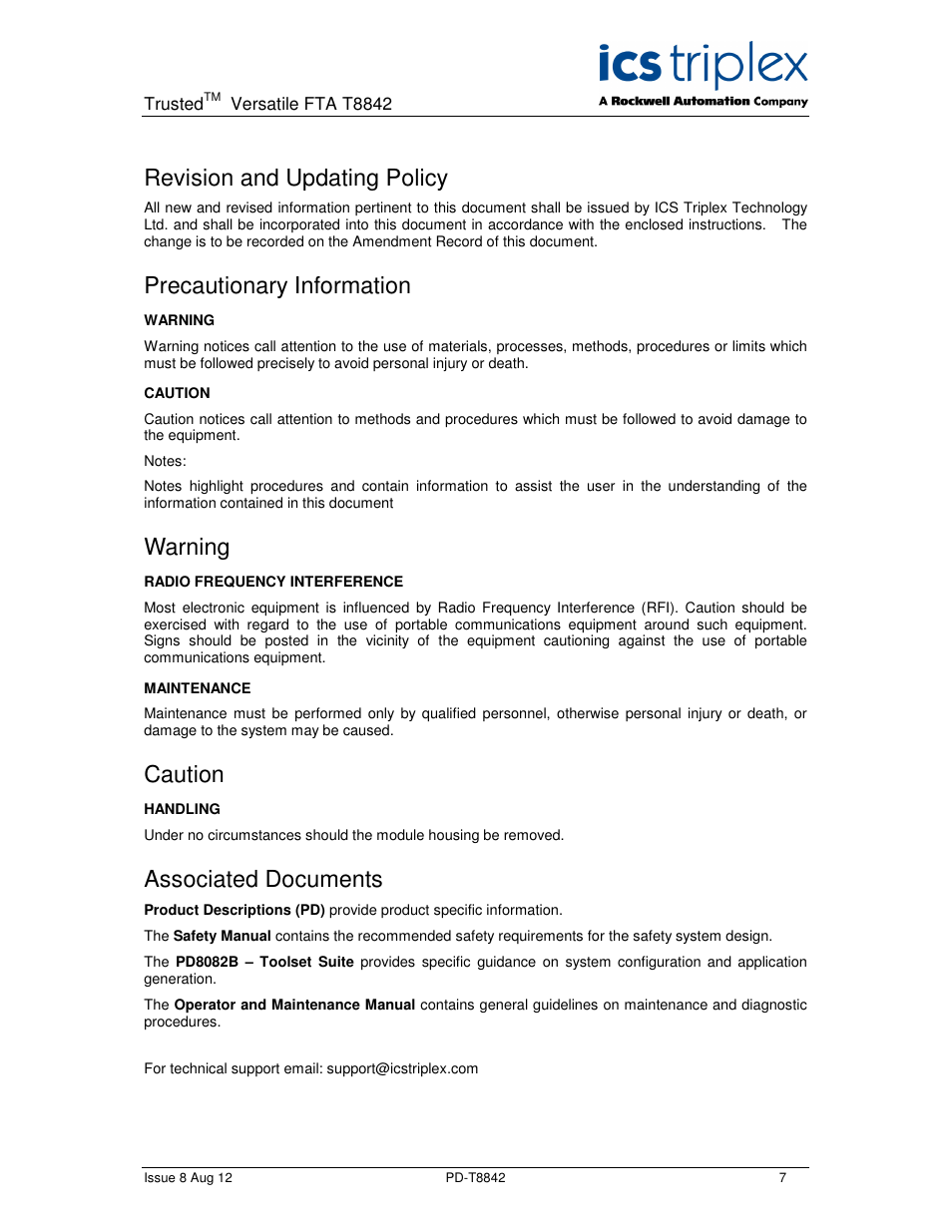 Revision and updating policy, Precautionary information, Warning | Caution, Associated documents | Rockwell Automation T8842 Trusted Versatile FTA User Manual | Page 7 / 24