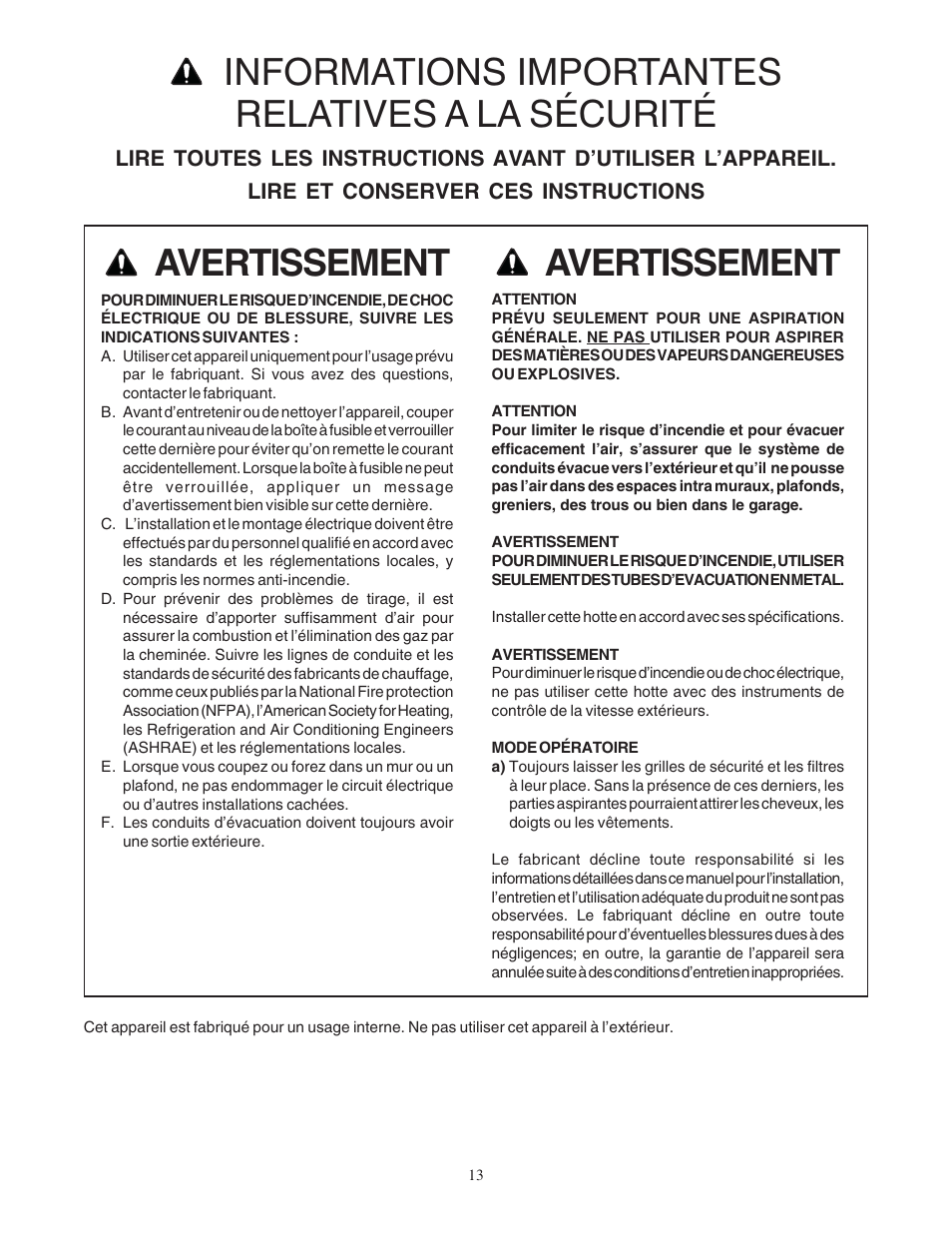 Avertissement, Informations importantes relatives a la sécurité | Bosch DUH User Manual | Page 13 / 32