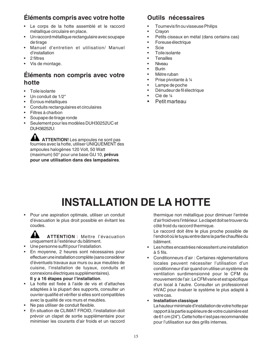 Installation de la hotte, Éléments compris avec votre hotte, Éléments non compris avec votre hotte | Outils nécessaires | Bosch DUH User Manual | Page 15 / 32
