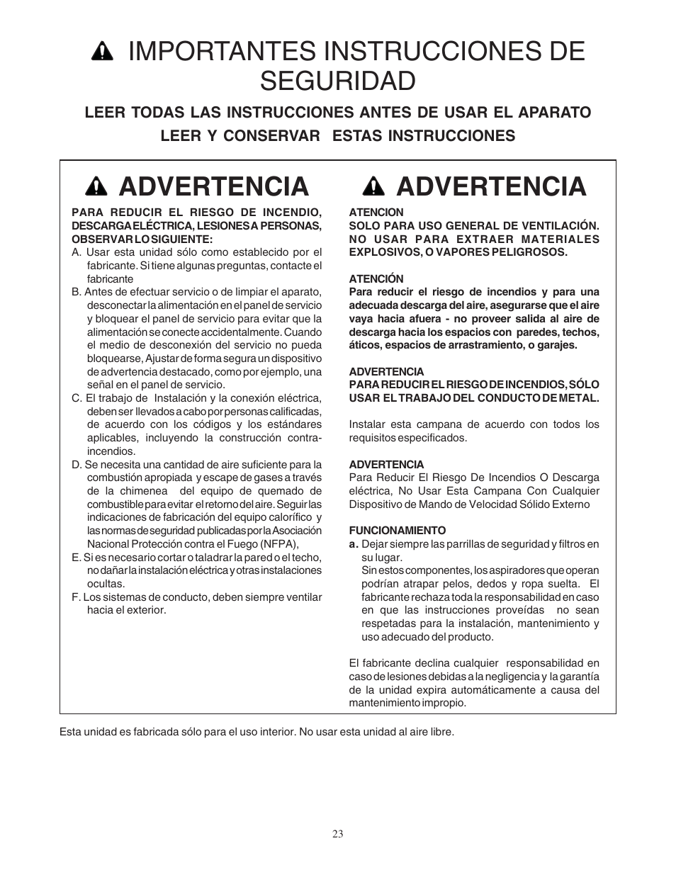 Advertencia, Importantes instrucciones de seguridad | Bosch DUH User Manual | Page 23 / 32