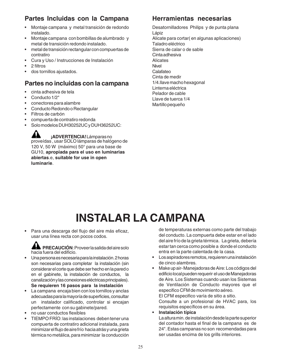 Instalar la campana, Partes incluidas con la campana, Partes no incluidas con la campana | Herramientas necesarias | Bosch DUH User Manual | Page 25 / 32