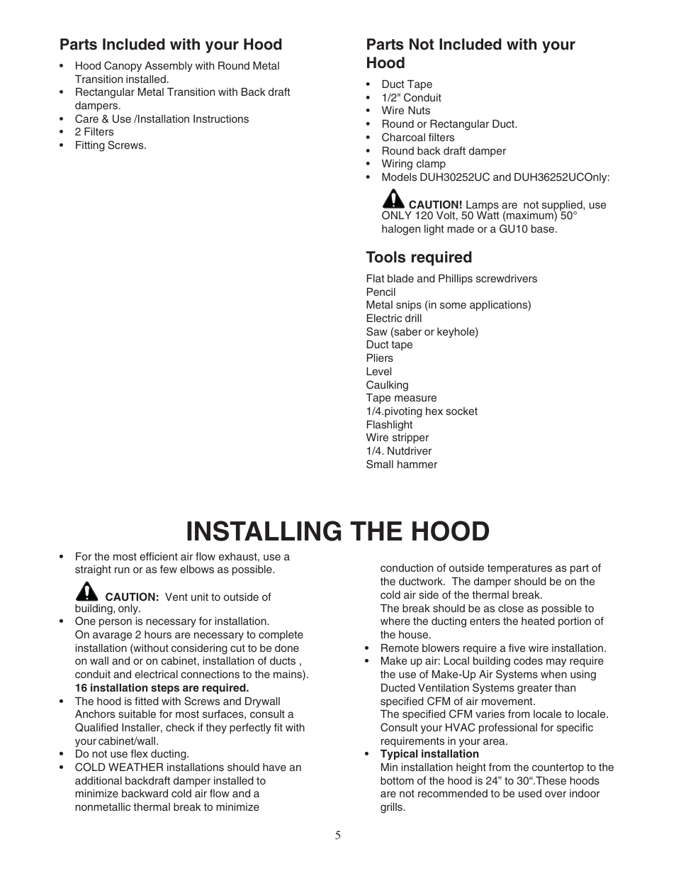 Installing the hood, Parts included with your hood, Parts not included with your hood | Tools required | Bosch DUH User Manual | Page 5 / 32