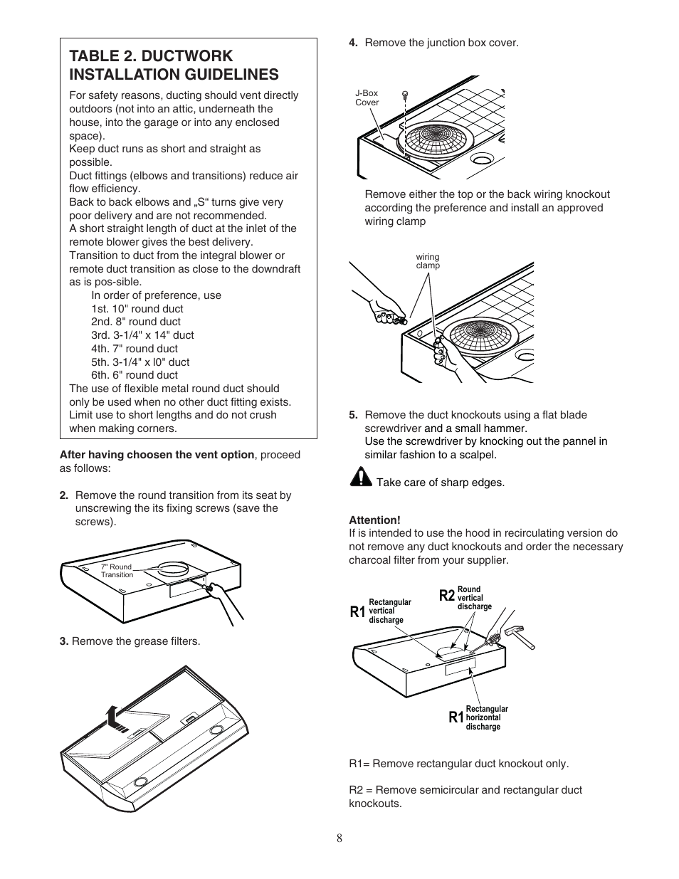 Table 2. ductwork installation guidelines, R1 r2 | Bosch DUH User Manual | Page 8 / 32