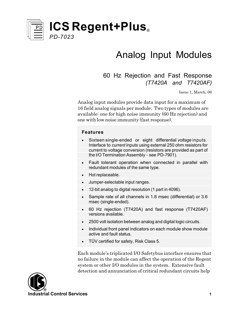 Rockwell Automation T7420A_AF ICS Regent+Plus Analog Input Modules 60Hz Rejection and Fast Response User Manual | 29 pages