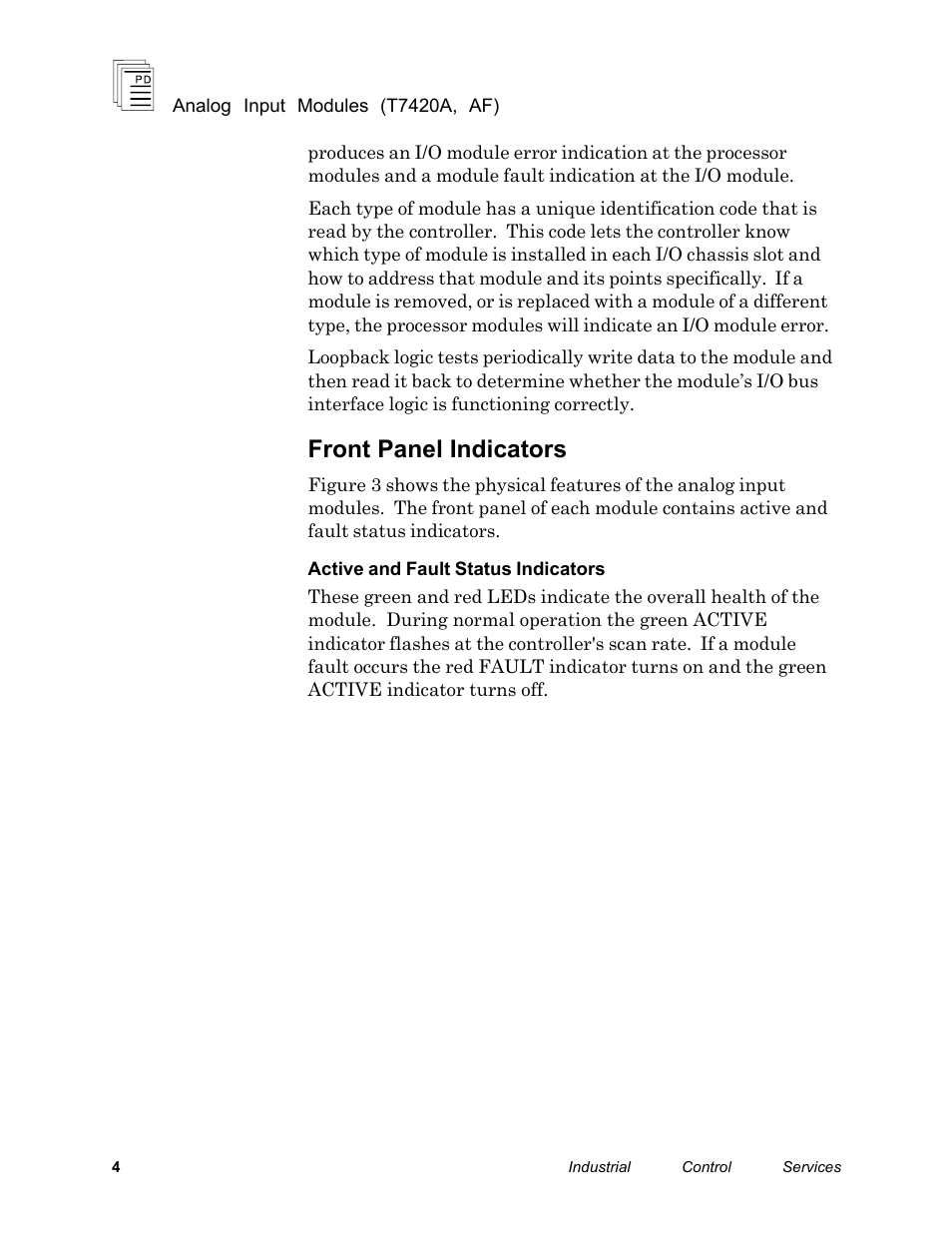 Front panel indicators | Rockwell Automation T7420A_AF ICS Regent+Plus Analog Input Modules 60Hz Rejection and Fast Response User Manual | Page 4 / 29