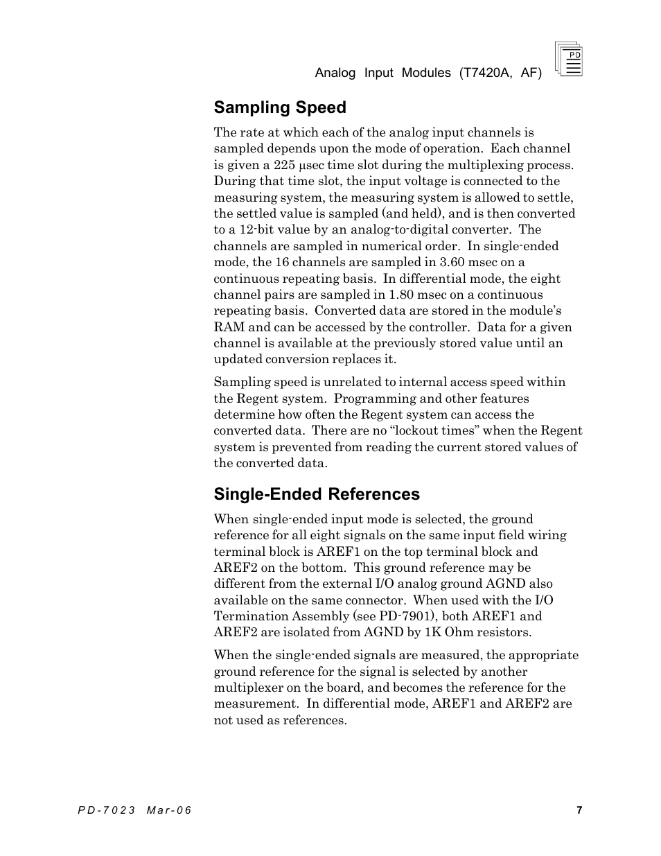 Sampling speed, Single-ended references | Rockwell Automation T7420A_AF ICS Regent+Plus Analog Input Modules 60Hz Rejection and Fast Response User Manual | Page 7 / 29