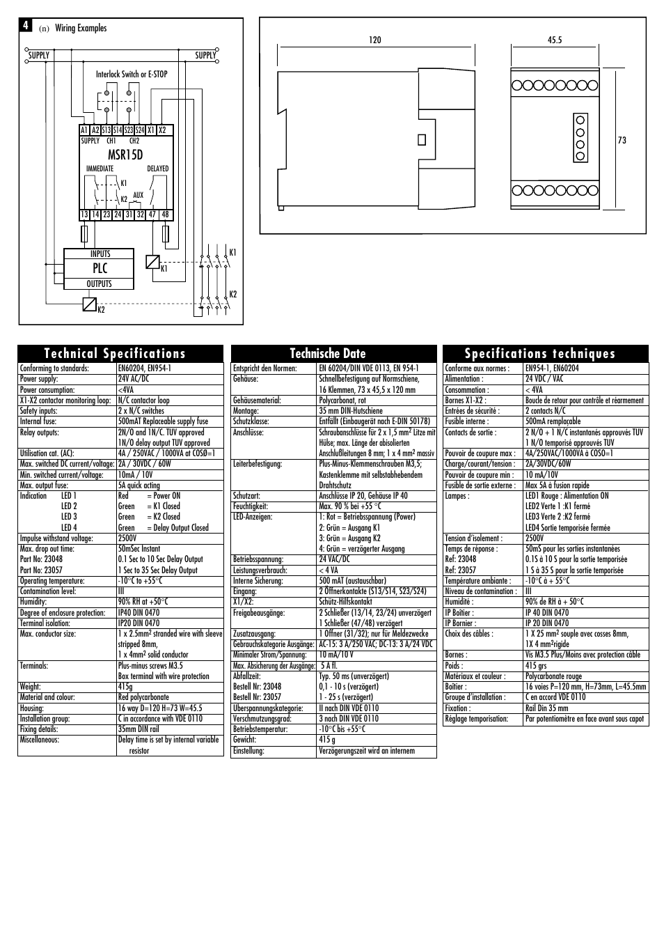 Technical specifications, Technische date, Specifications techniques | Msr15d | Rockwell Automation 440R MSR15D Minotaur Safety Relay User Manual | Page 2 / 4