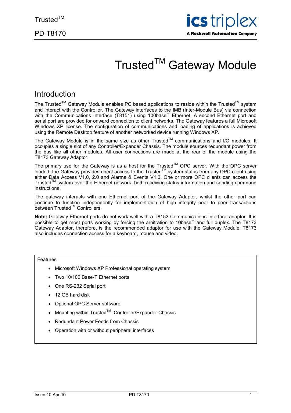 Rockwell Automation T8170 Trusted Gateway Module User Manual | 25 pages