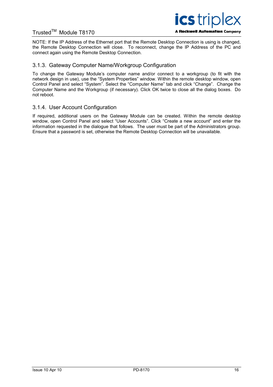 Gateway computer name/workgroup configuration, User account configuration | Rockwell Automation T8170 Trusted Gateway Module User Manual | Page 16 / 25