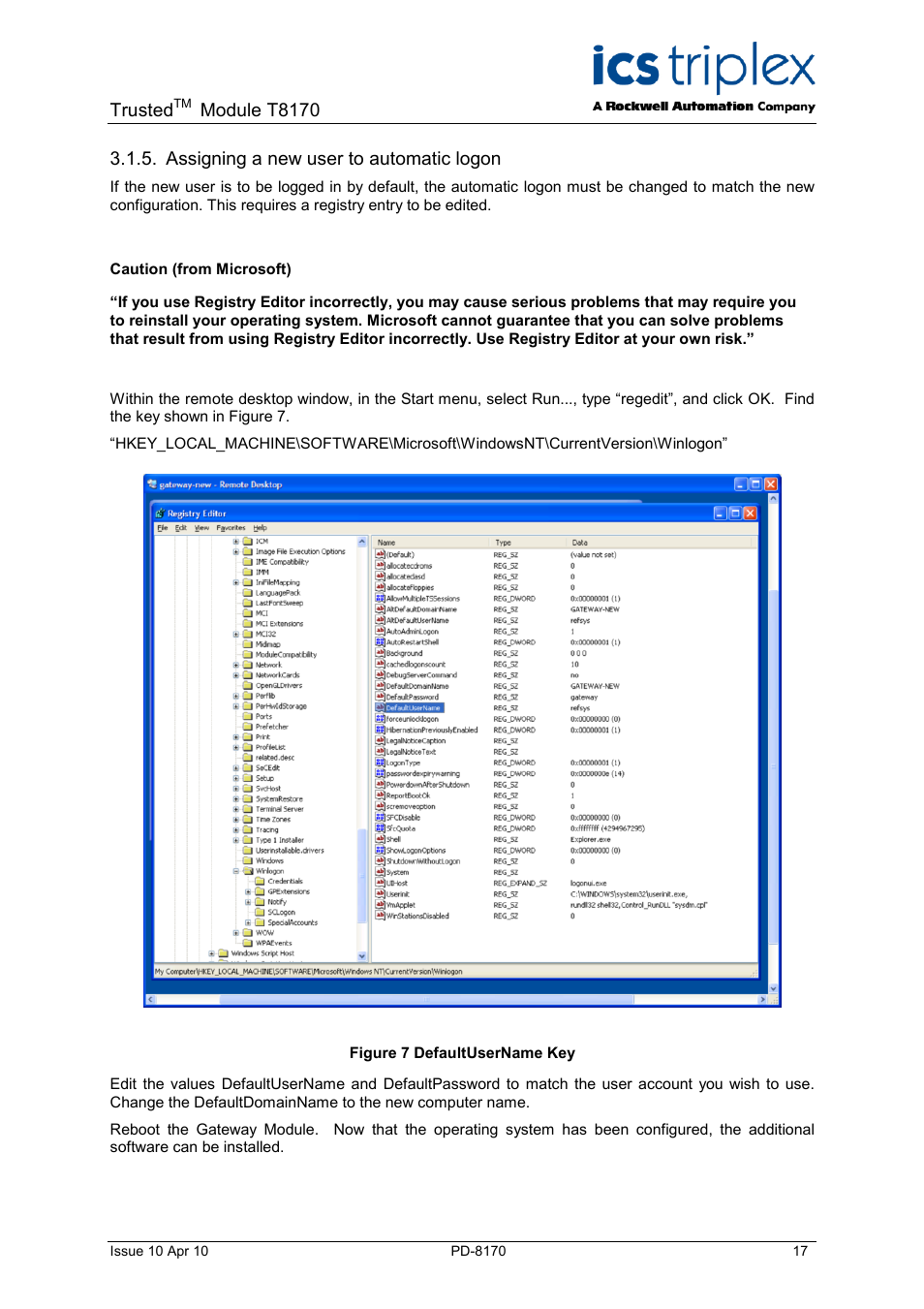 Assigning a new user to automatic logon, Figure 7 defaultusername key, Trusted | Module t8170 | Rockwell Automation T8170 Trusted Gateway Module User Manual | Page 17 / 25