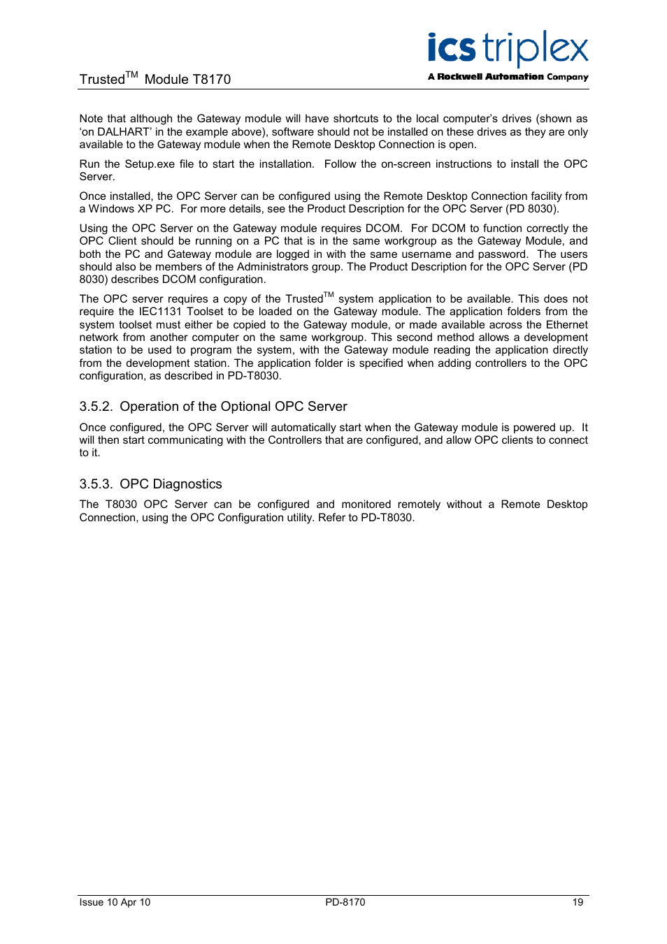 Operation of the optional opc server, Opc diagnostics, Trusted | Module t8170 | Rockwell Automation T8170 Trusted Gateway Module User Manual | Page 19 / 25