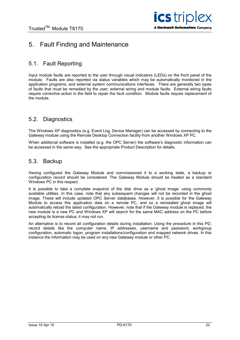 Fault finding and maintenance, Fault reporting, Diagnostics | Backup | Rockwell Automation T8170 Trusted Gateway Module User Manual | Page 22 / 25