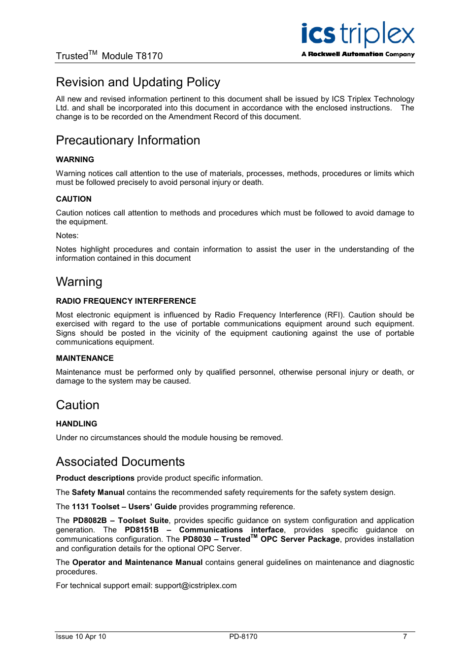 Revision and updating policy, Precautionary information, Warning | Caution, Associated documents | Rockwell Automation T8170 Trusted Gateway Module User Manual | Page 7 / 25