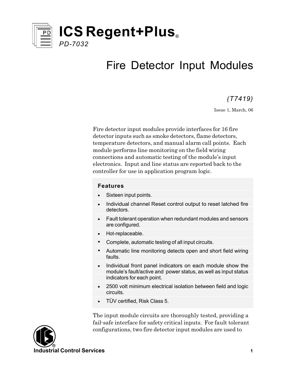 Rockwell Automation T7419 ICS Regent+Plus Fire Detector Input Modules User Manual | 20 pages