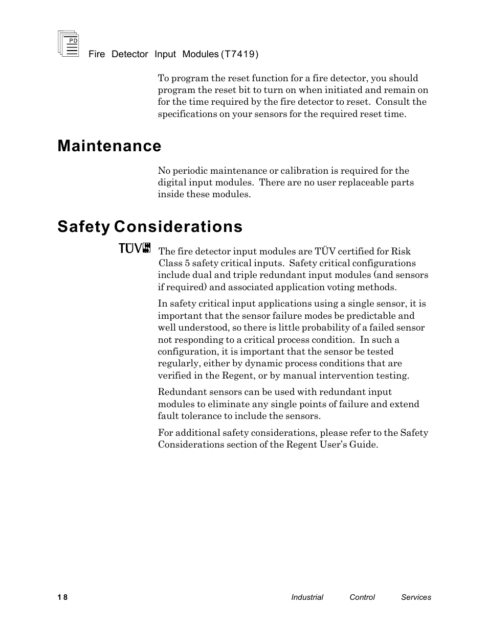 Maintenance, Safety considerations | Rockwell Automation T7419 ICS Regent+Plus Fire Detector Input Modules User Manual | Page 18 / 20