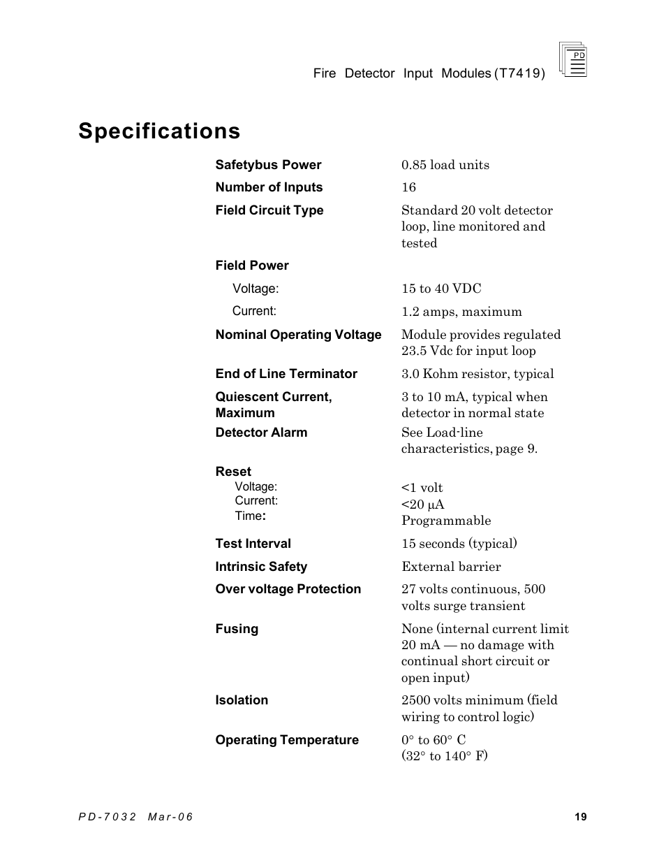 Specifications | Rockwell Automation T7419 ICS Regent+Plus Fire Detector Input Modules User Manual | Page 19 / 20