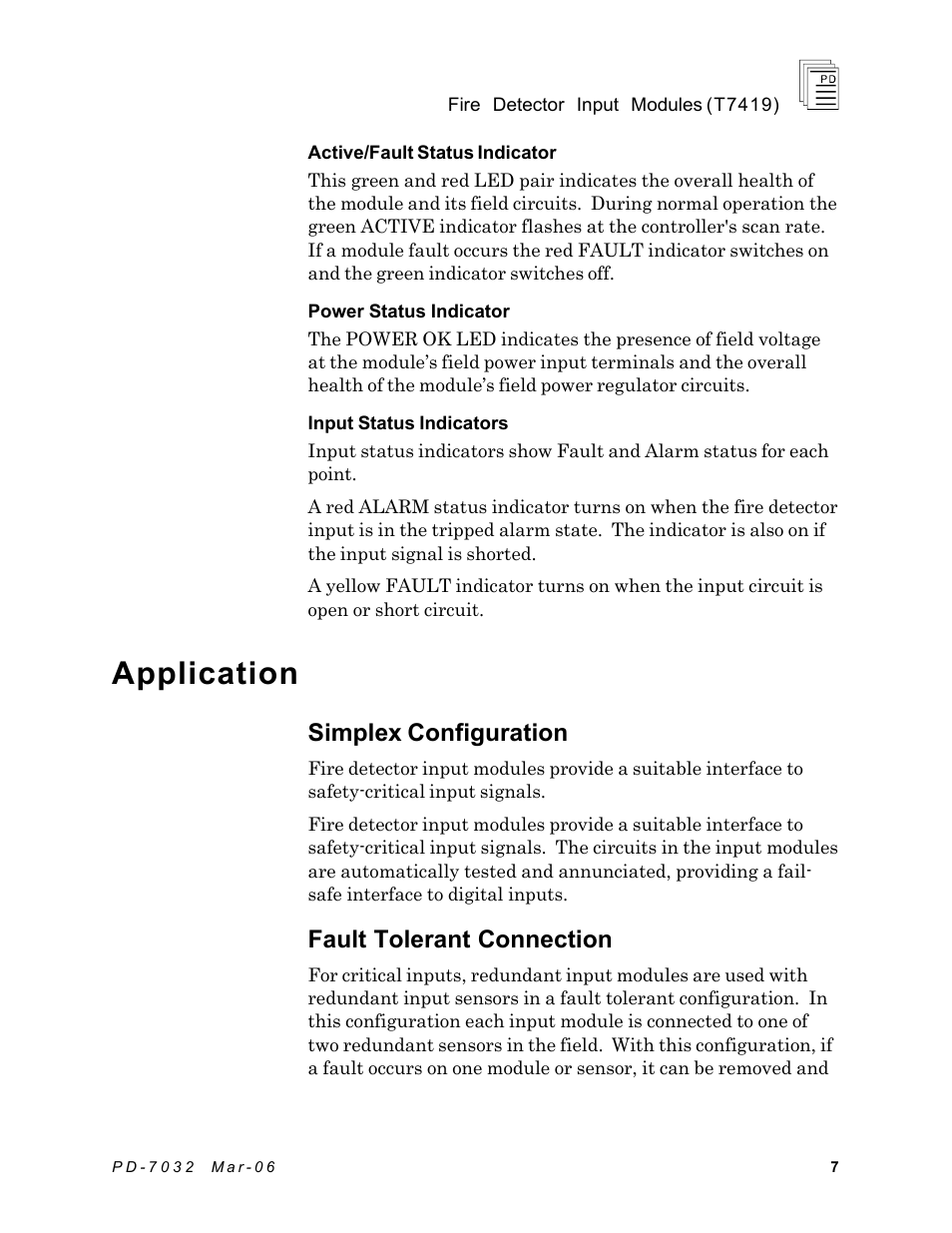 Application, Simplex configuration, Fault tolerant connection | Rockwell Automation T7419 ICS Regent+Plus Fire Detector Input Modules User Manual | Page 7 / 20