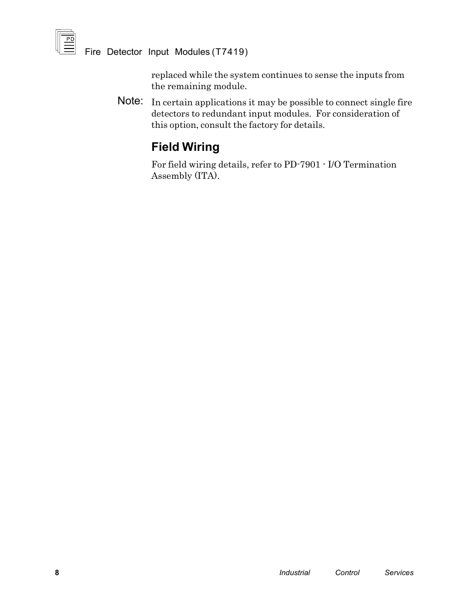 Field wiring | Rockwell Automation T7419 ICS Regent+Plus Fire Detector Input Modules User Manual | Page 8 / 20