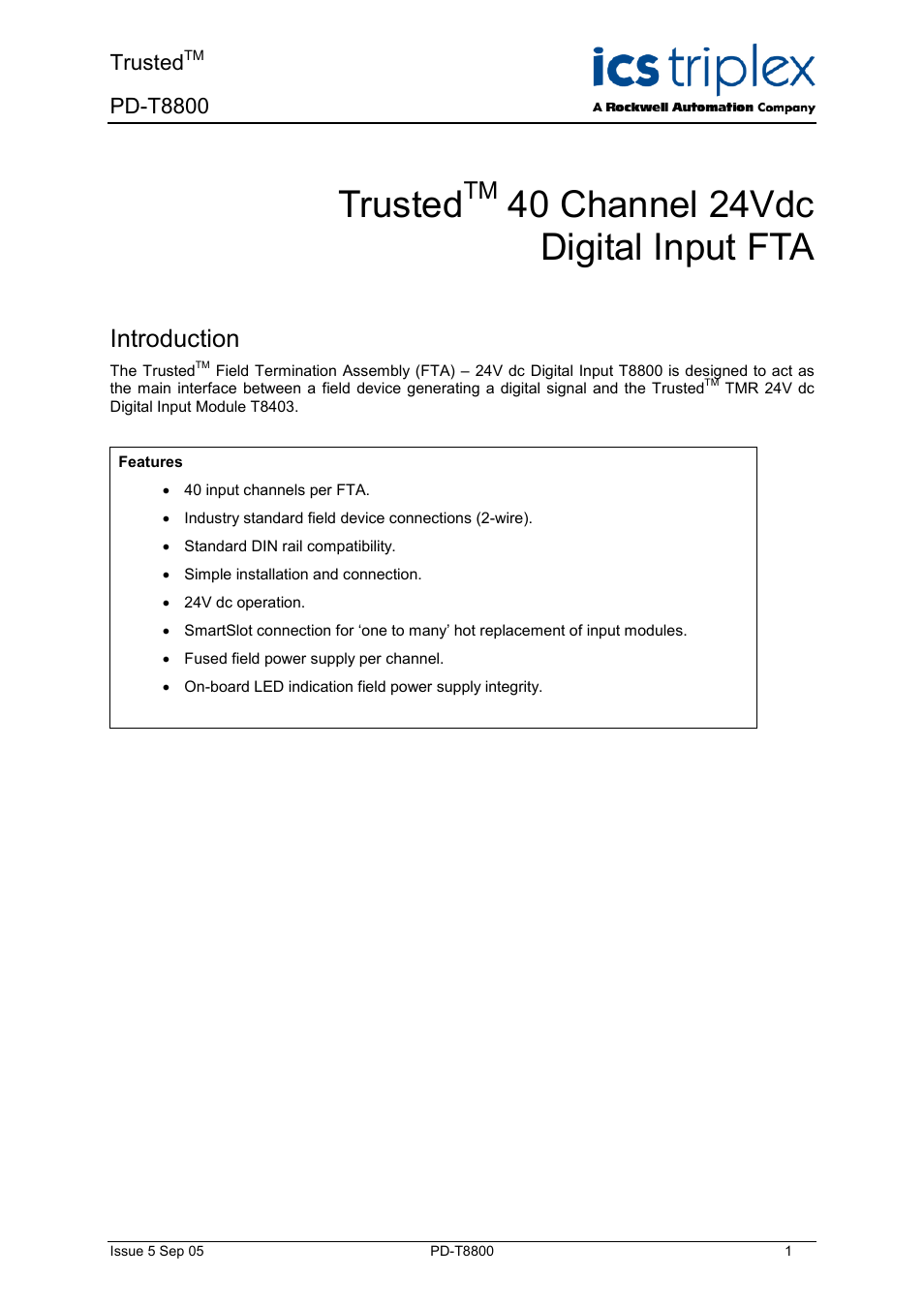 Rockwell Automation T8800 Trusted 40 Channel 24V dc Digital Input FTA User Manual | 12 pages