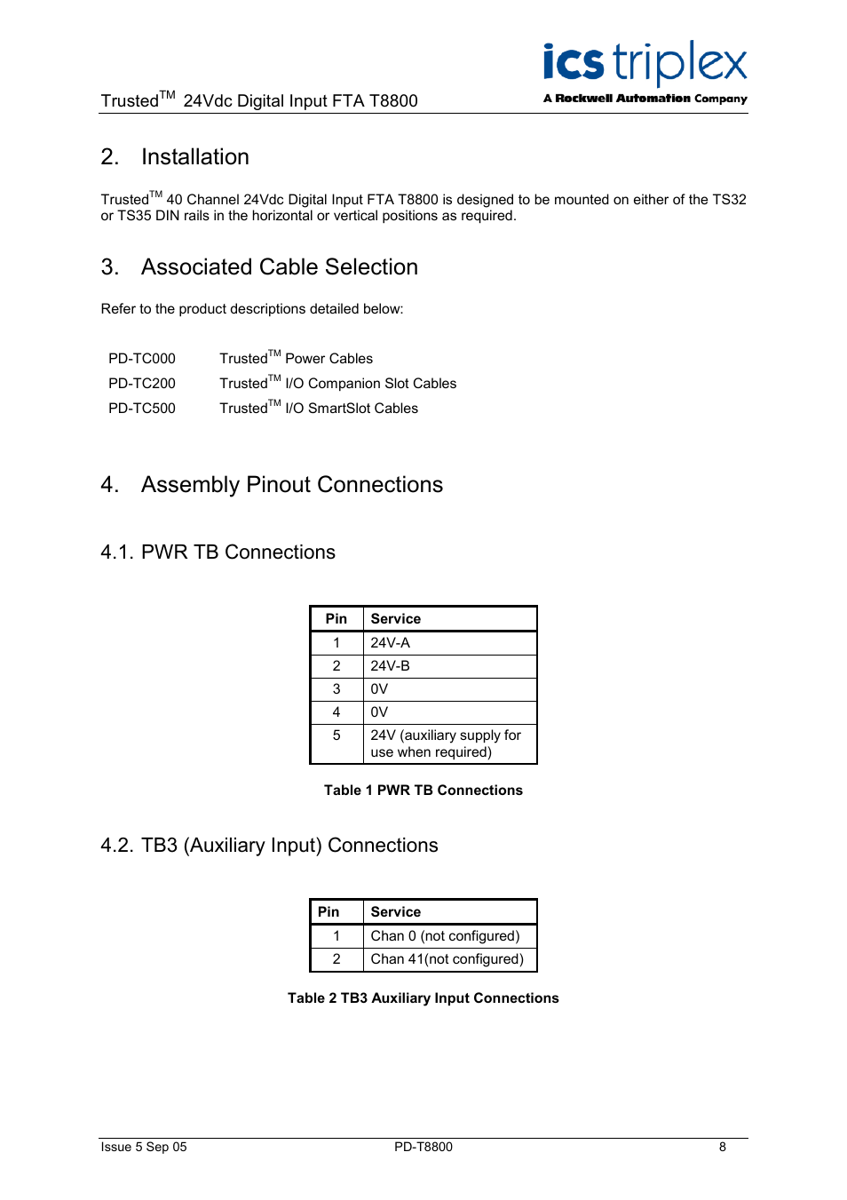 Installation, Associated cable selection, Assembly pinout connections | Pwr tb connections, Tb3 (auxiliary input) connections, Table 1 pwr tb connections, Table 2 tb3 auxiliary input connections, Trusted | Rockwell Automation T8800 Trusted 40 Channel 24V dc Digital Input FTA User Manual | Page 8 / 12