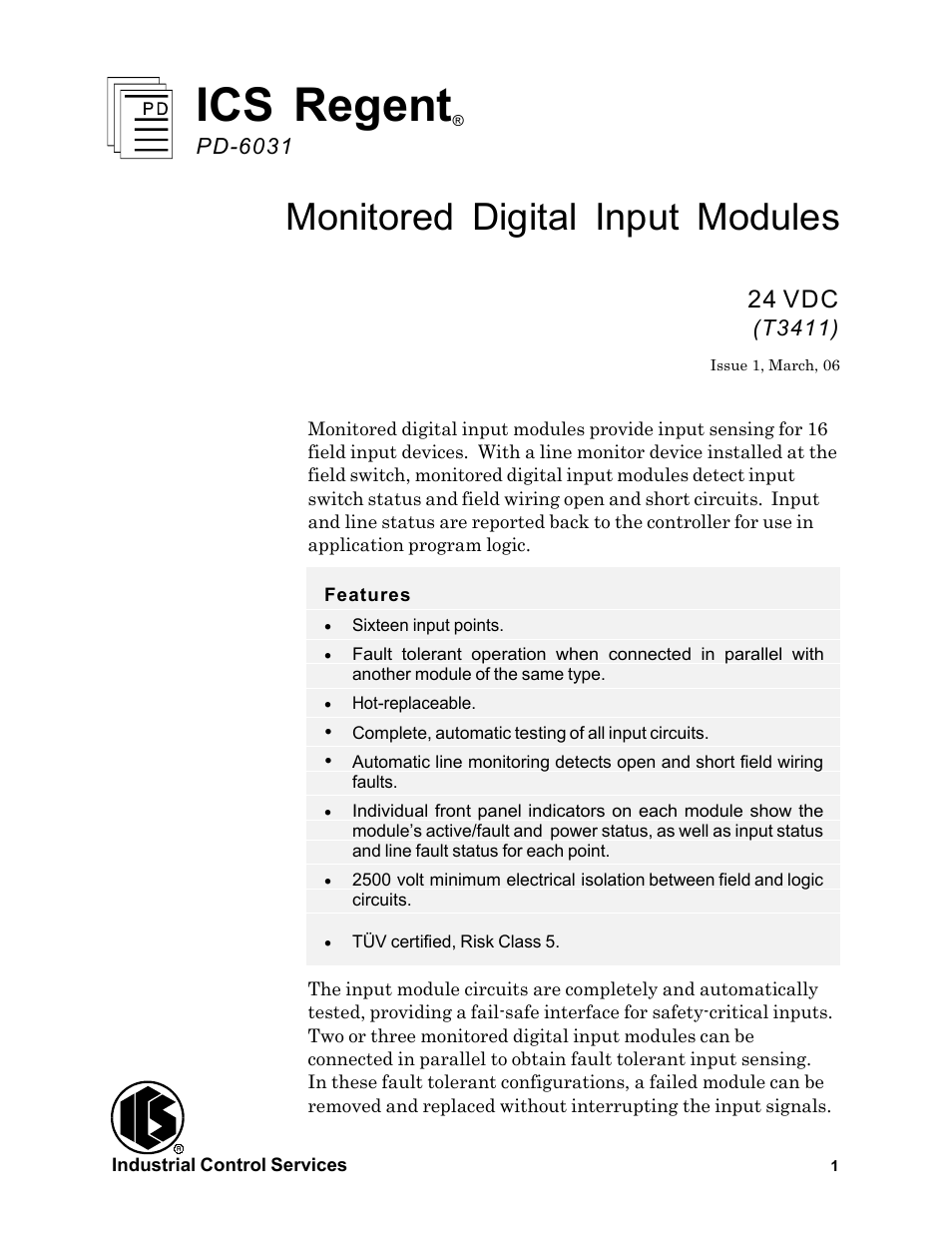 Rockwell Automation T3411 ICS Regent Monitored Digital Input Modules User Manual | 26 pages