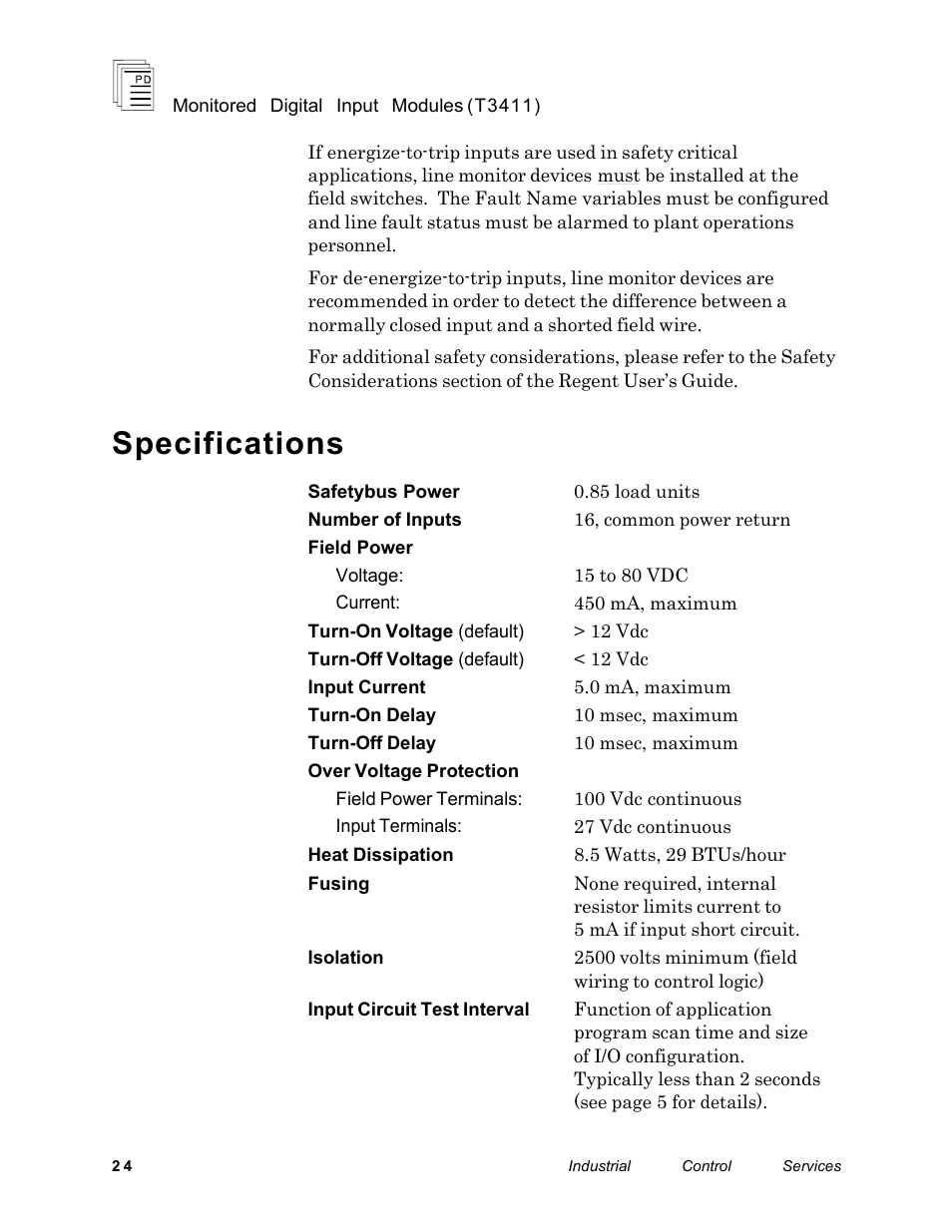 Specifications | Rockwell Automation T3411 ICS Regent Monitored Digital Input Modules User Manual | Page 24 / 26