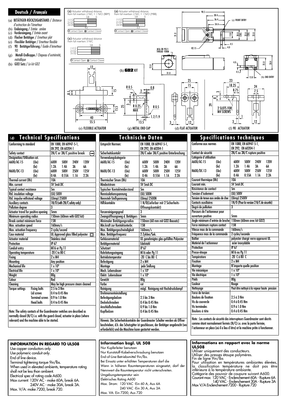 Technical specifications, Specifications techniques, Technische daten | Français, Deutsch | Rockwell Automation 440K Cadet 3--Compact Tongue Operated Interlock Safety Switch User Manual | Page 3 / 4