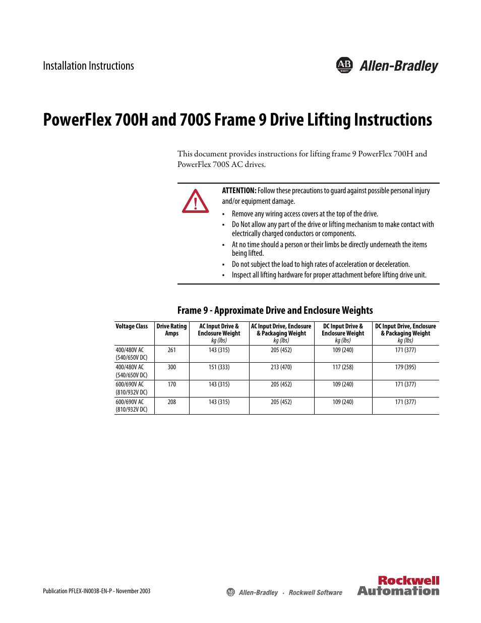 Rockwell Automation 20D PowerFlex 700H/S Frame 9 Drive Lifiting Instructions User Manual | 2 pages