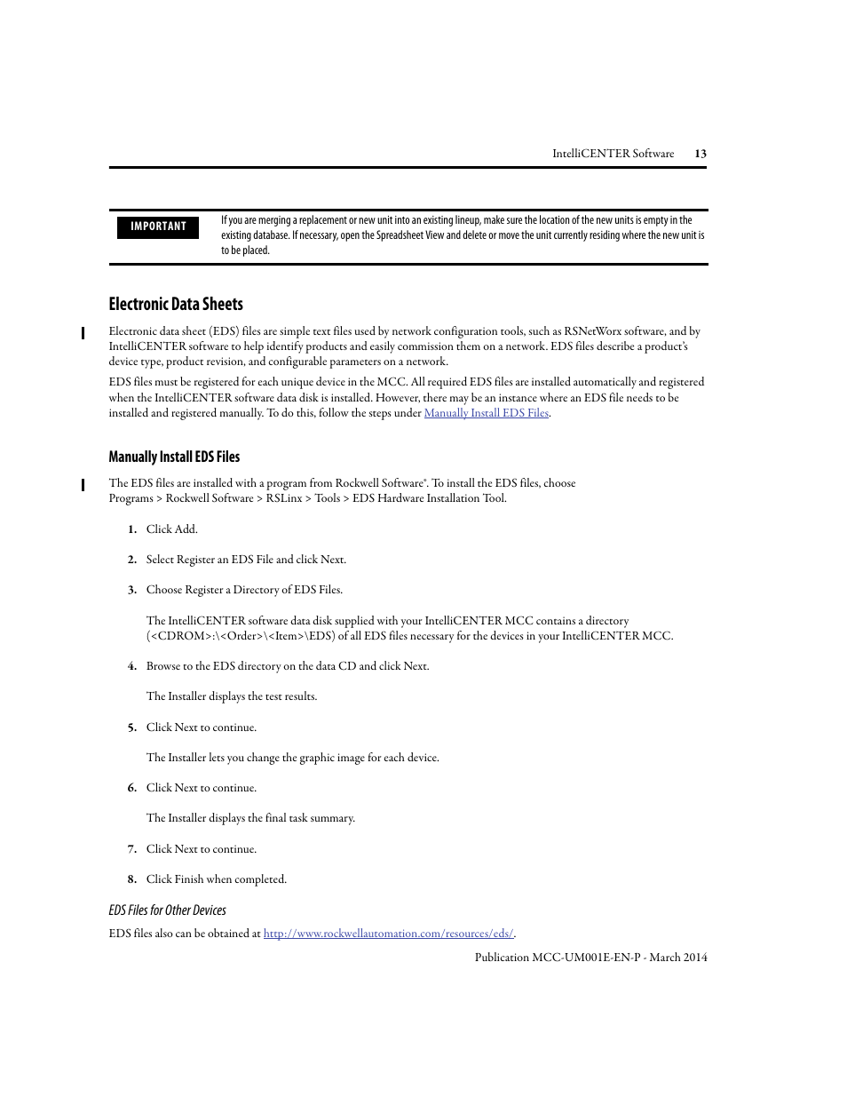 Electronic data sheets, Manually install eds files | Rockwell Automation 2500 IntelliCENTER Software User Manual | Page 13 / 60