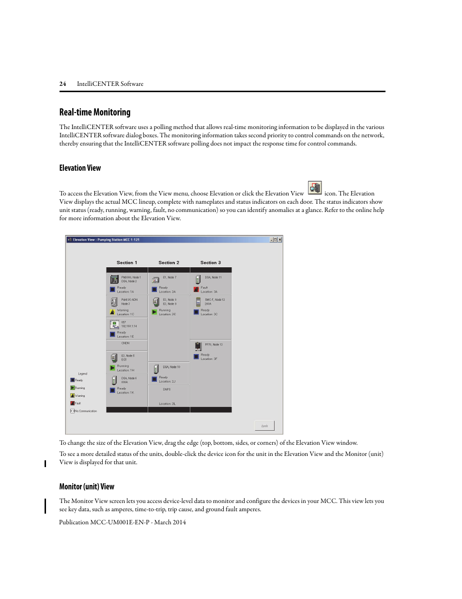 Real-time monitoring, Elevation view, Monitor (unit) view | Elevation view monitor (unit) view | Rockwell Automation 2500 IntelliCENTER Software User Manual | Page 24 / 60