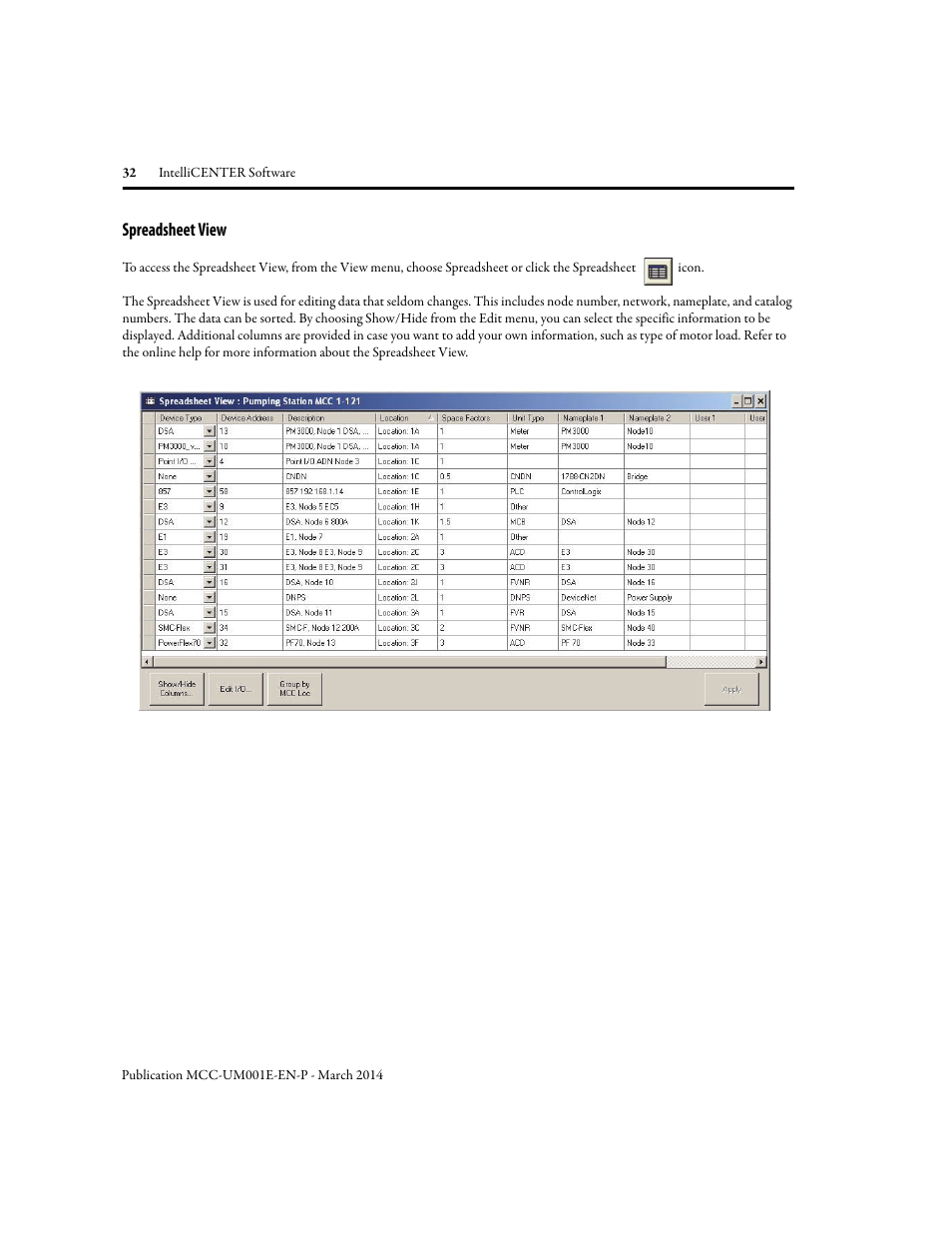 Spreadsheet view | Rockwell Automation 2500 IntelliCENTER Software User Manual | Page 32 / 60