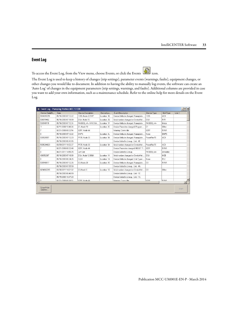 Event log | Rockwell Automation 2500 IntelliCENTER Software User Manual | Page 33 / 60