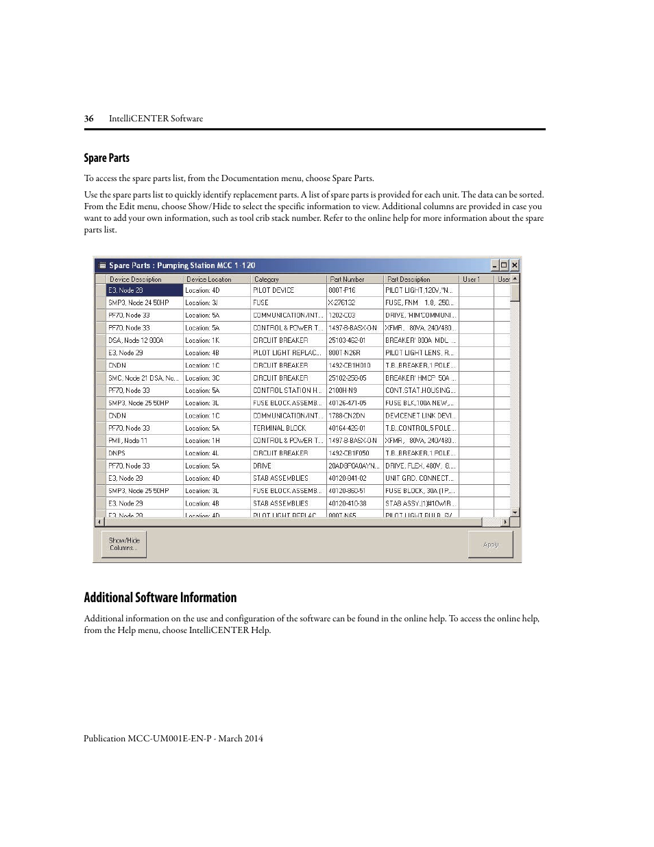 Spare parts, Additional software information | Rockwell Automation 2500 IntelliCENTER Software User Manual | Page 36 / 60