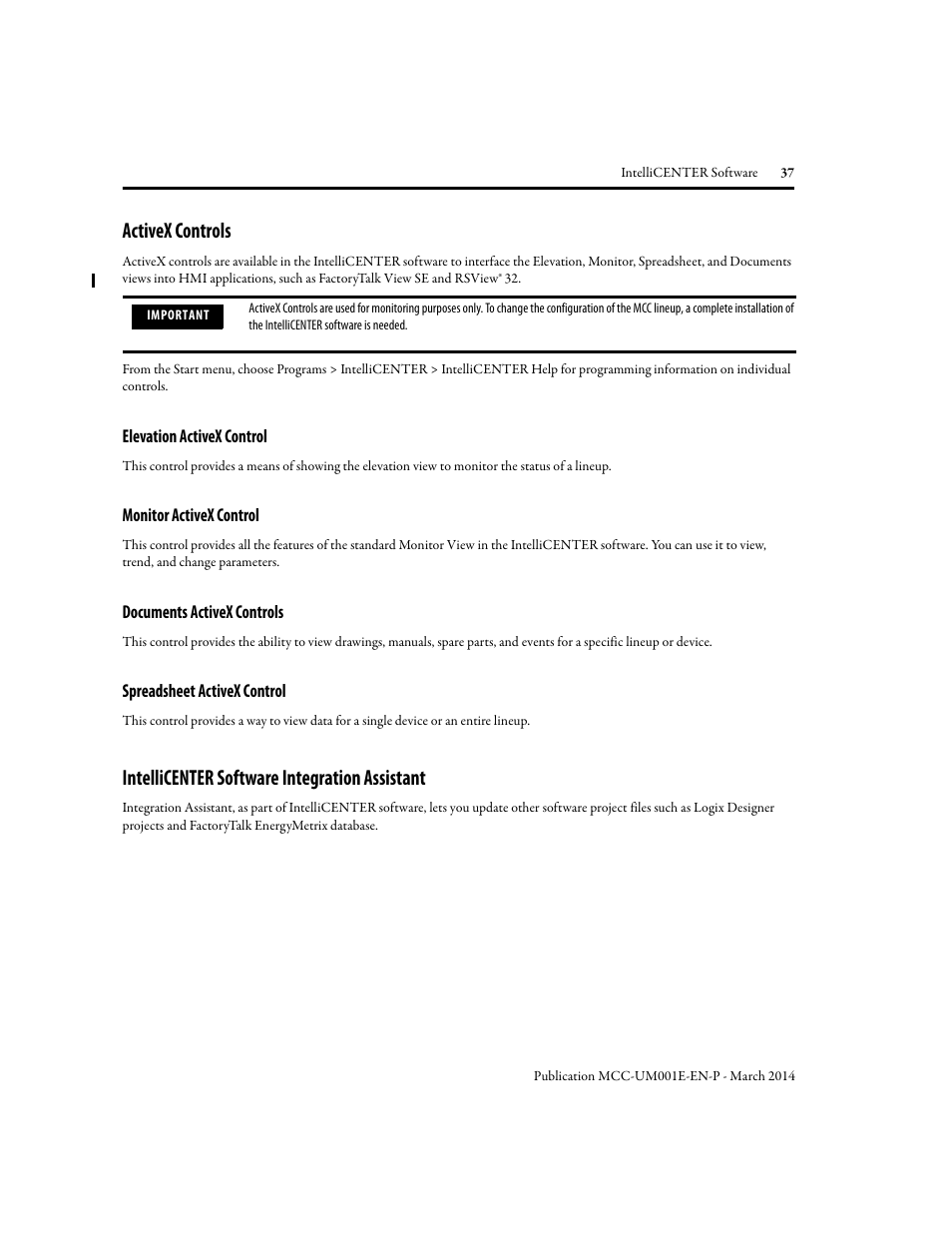 Activex controls, Elevation activex control, Monitor activex control | Documents activex controls, Spreadsheet activex control, Intellicenter software integration assistant | Rockwell Automation 2500 IntelliCENTER Software User Manual | Page 37 / 60