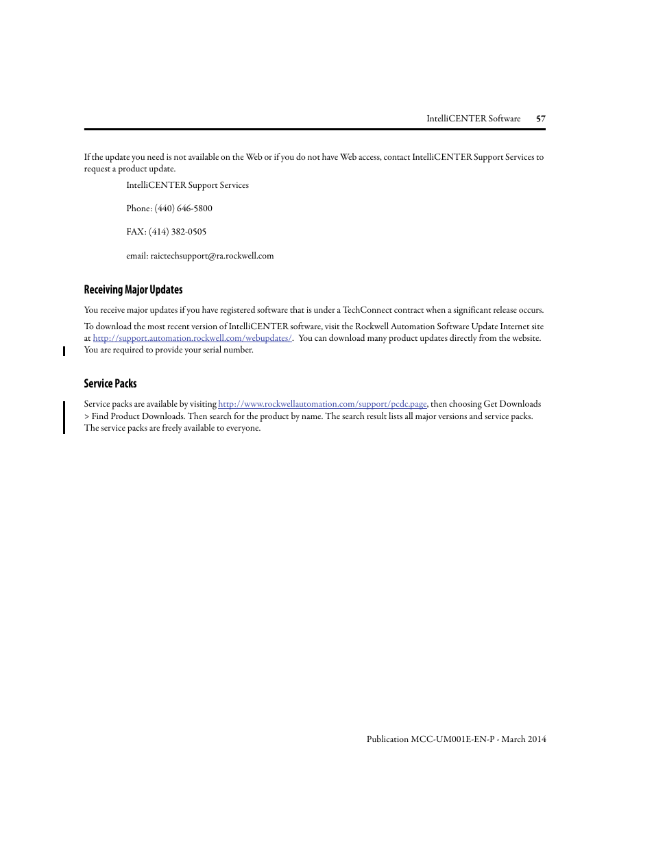 Receiving major updates, Service packs, Receiving major updates service packs | Rockwell Automation 2500 IntelliCENTER Software User Manual | Page 57 / 60
