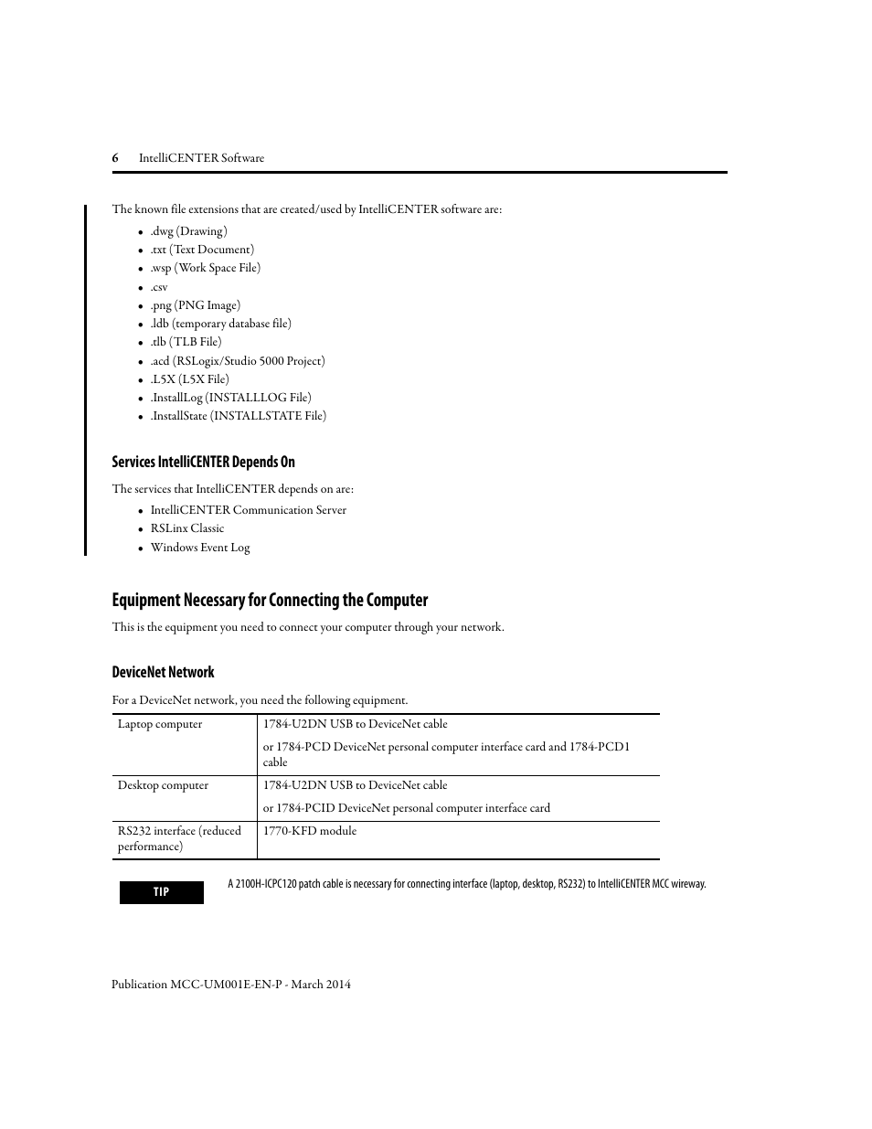 Services intellicenter depends on, Equipment necessary for connecting the computer, Devicenet network | Rockwell Automation 2500 IntelliCENTER Software User Manual | Page 6 / 60