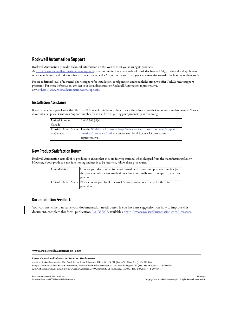 Rockwell automation support, Installation assistance, New product satisfaction return | Documentation feedback, Back cover | Rockwell Automation 2500 IntelliCENTER Software User Manual | Page 60 / 60