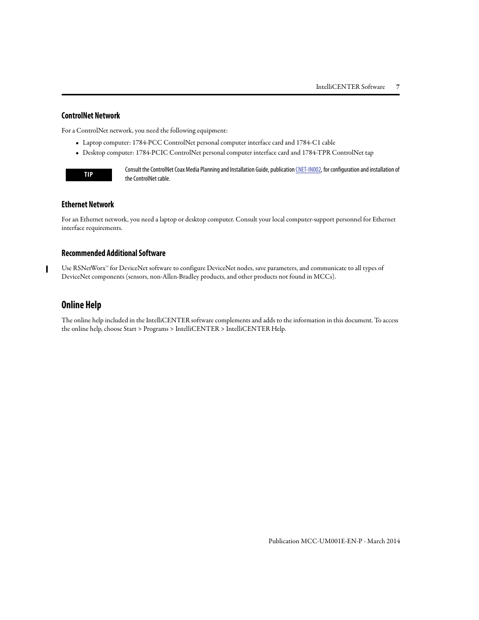 Controlnet network, Ethernet network, Recommended additional software | Online help | Rockwell Automation 2500 IntelliCENTER Software User Manual | Page 7 / 60