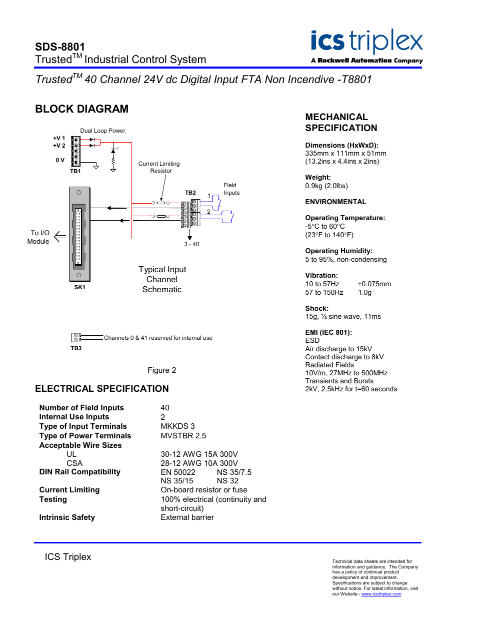 Block diagram, Electrical specification, Sds-8801 trusted | Industrial control system trusted, Ics triplex, Mechanical specification | Rockwell Automation T8801 Trusted 40 Channel 24V dc Digital Input FTA Non Incentive User Manual | Page 2 / 2