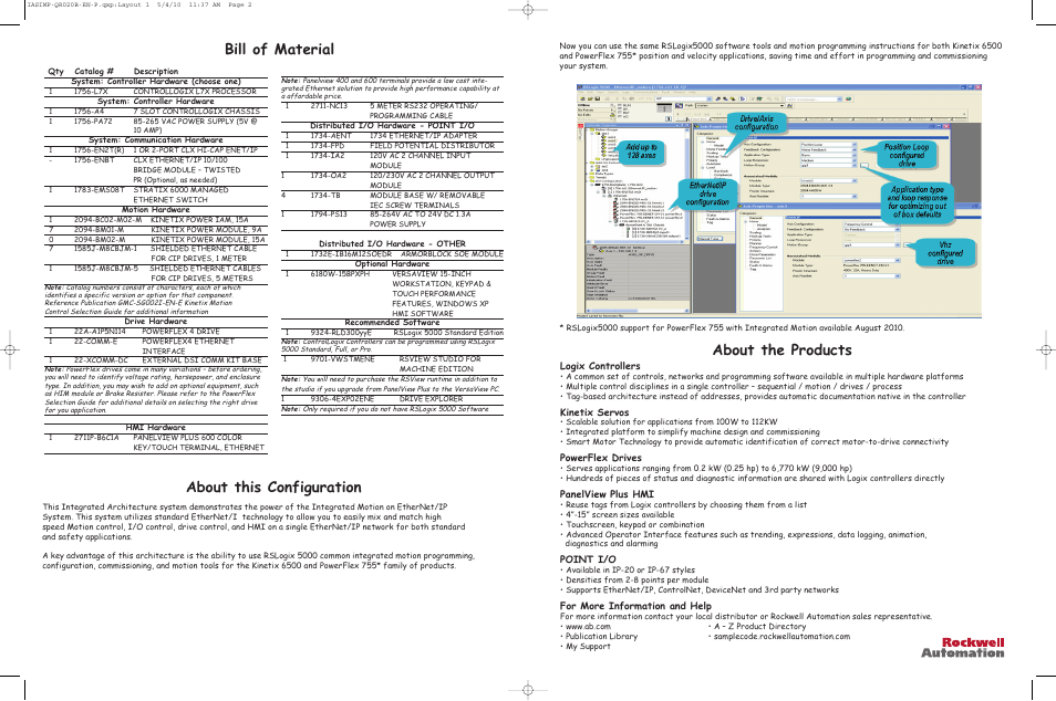 Bill of material about the products, About this configuration, Logix controllers | Kinetix servos, Powerflex drives, Panelview plus hmi, Point i/o, For more information and help | Rockwell Automation CIP Motion Popular Configuration Drawing Without Notes User Manual | Page 2 / 6