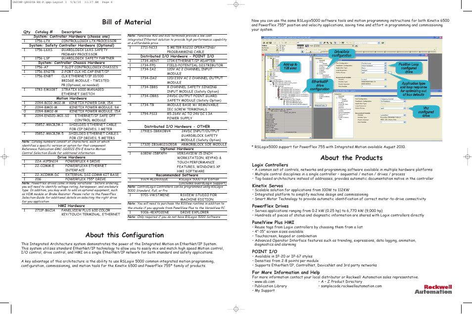 Bill of material about the products, About this configuration, Logix controllers | Kinetix servos, Powerflex drives, Panelview plus hmi, Point i/o, For more information and help | Rockwell Automation CIP Motion Popular Configuration Drawing Without Notes User Manual | Page 6 / 6