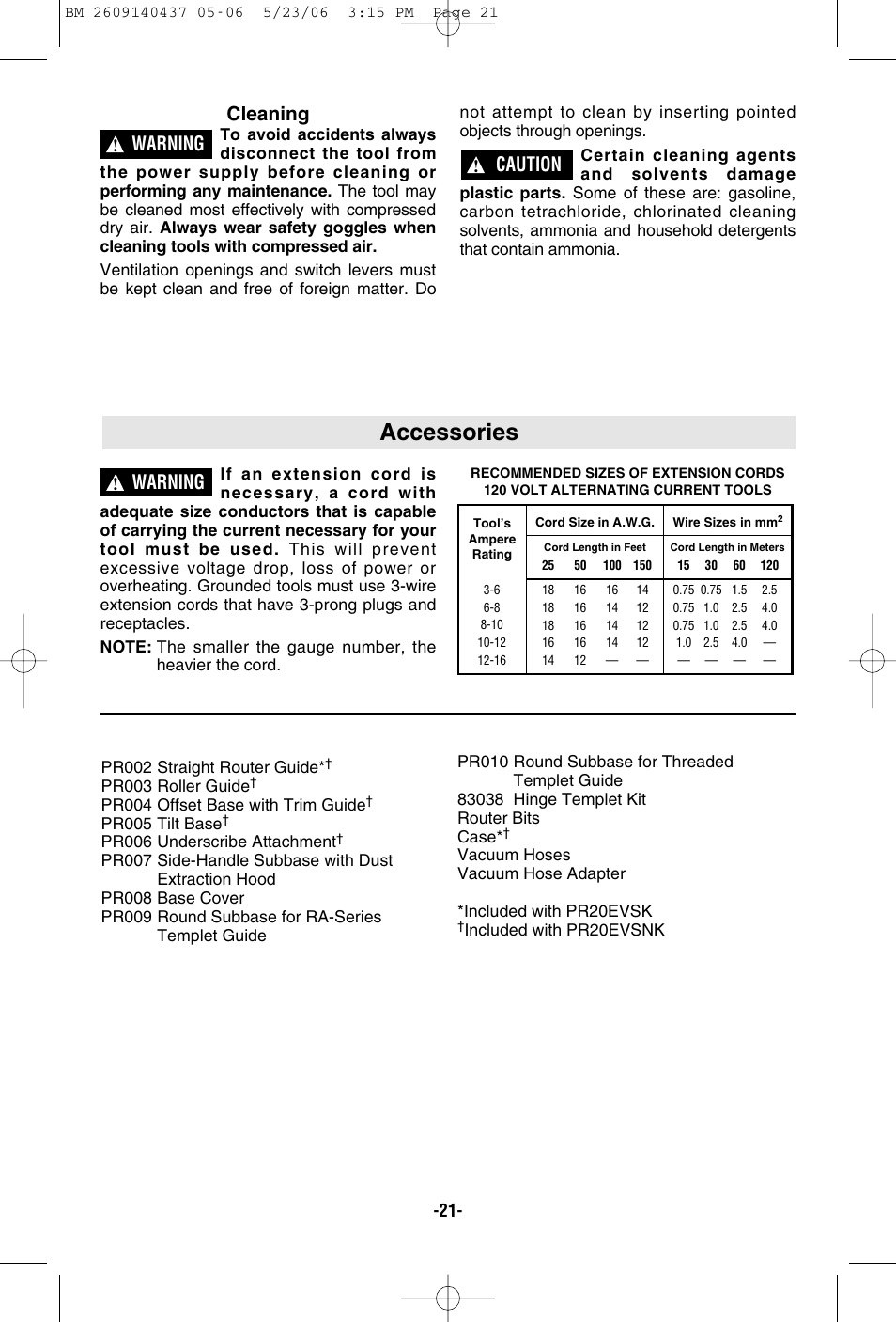 Accessories, Warning, Cleaning | Caution | Bosch PR10E User Manual | Page 21 / 64