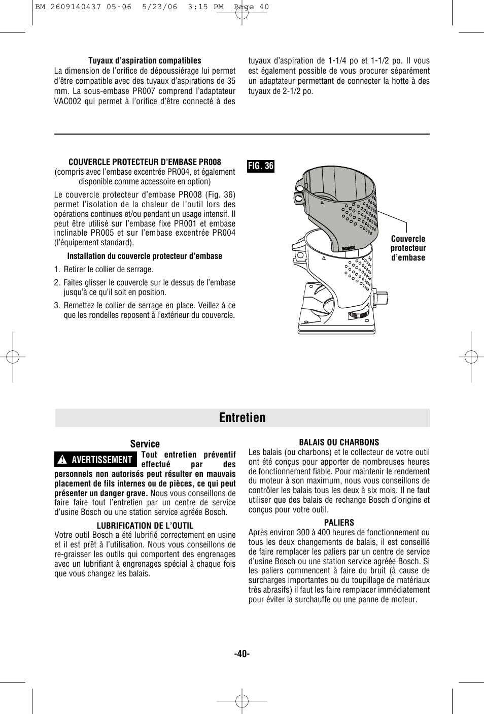 Entretien | Bosch PR10E User Manual | Page 40 / 64