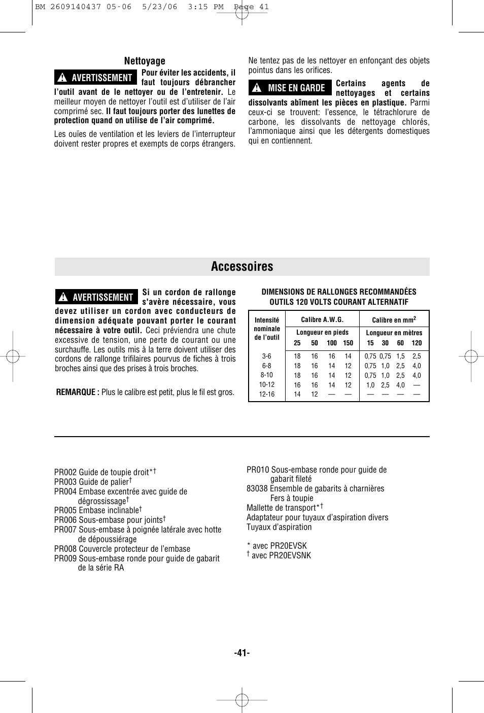Accessoires, Nettoyage, Avertissement | Avertissement ! mise en garde | Bosch PR10E User Manual | Page 41 / 64