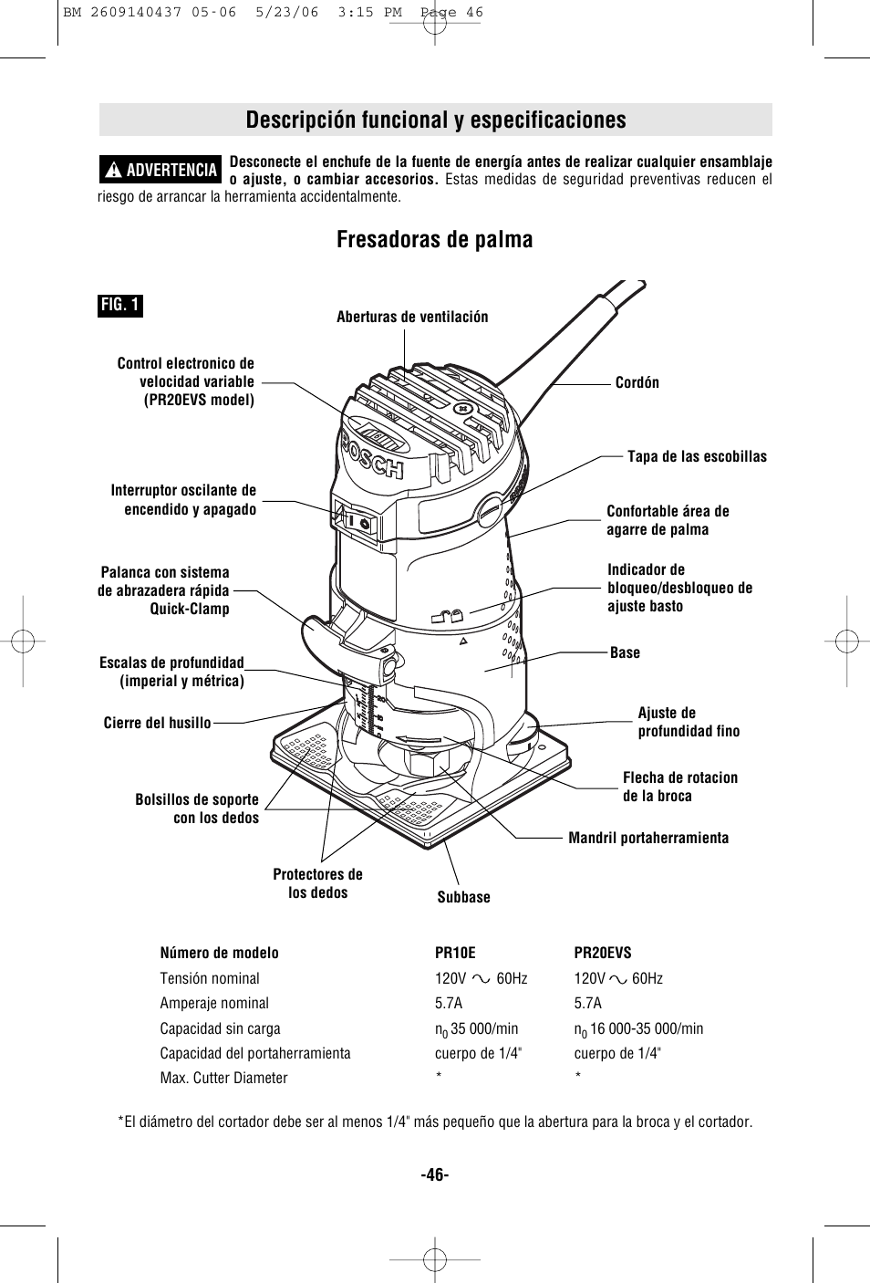 Descripción funcional y especificaciones, Fresadoras de palma | Bosch PR10E User Manual | Page 46 / 64