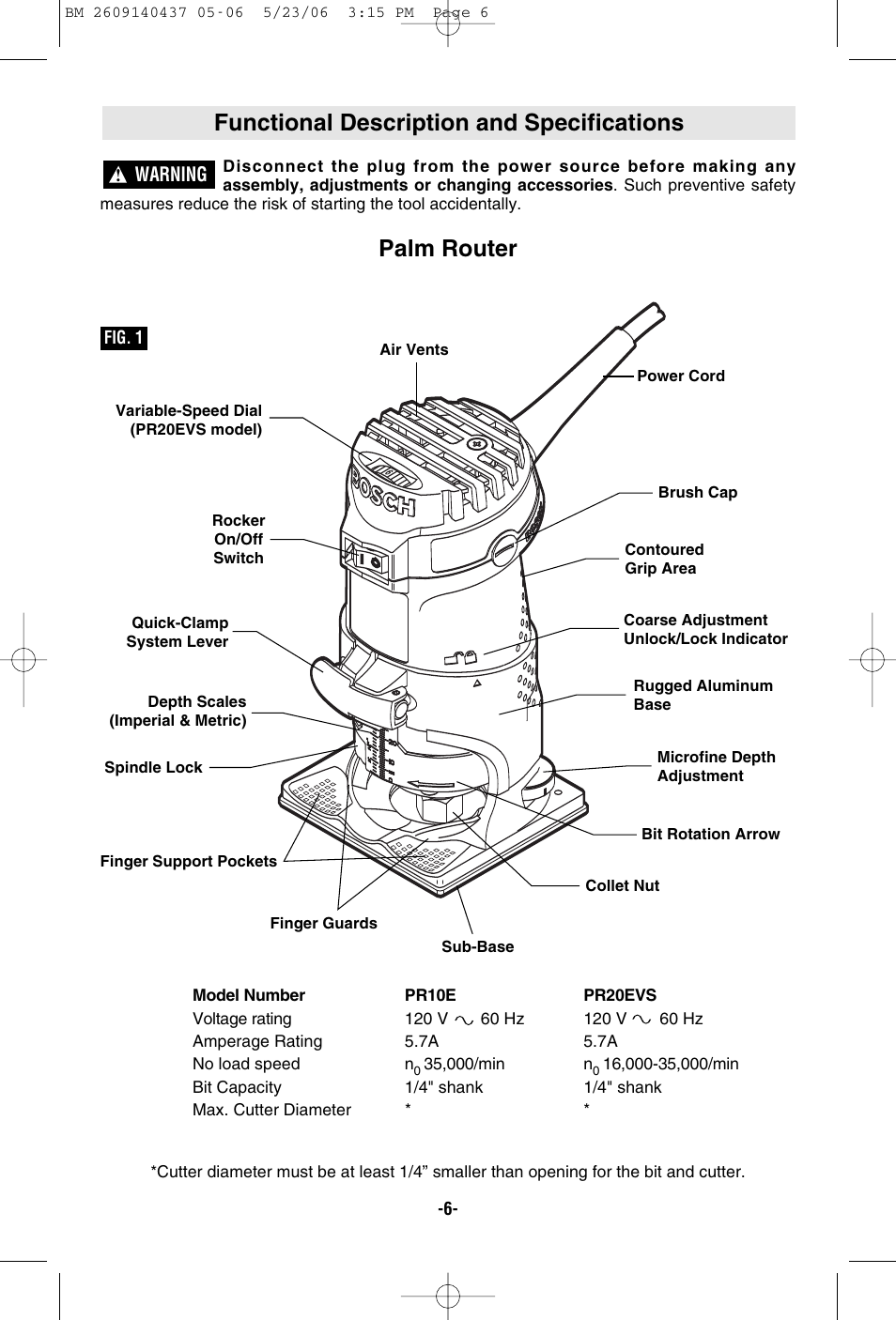 Functional description and specifications, Palm router | Bosch PR10E User Manual | Page 6 / 64