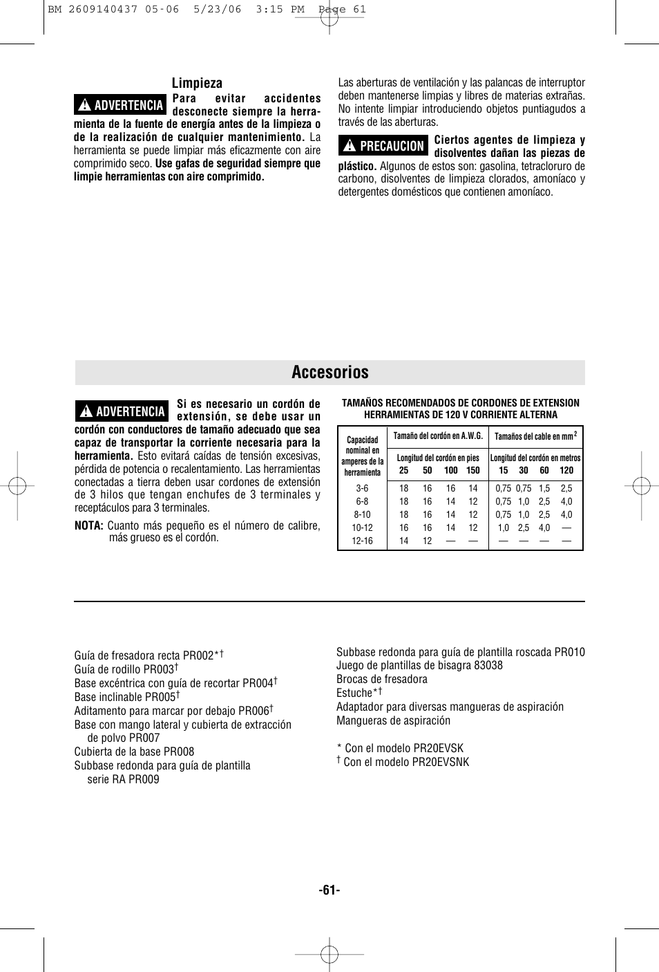 Accesorios, Limpieza, Advertencia | Advertencia ! precaucion | Bosch PR10E User Manual | Page 61 / 64